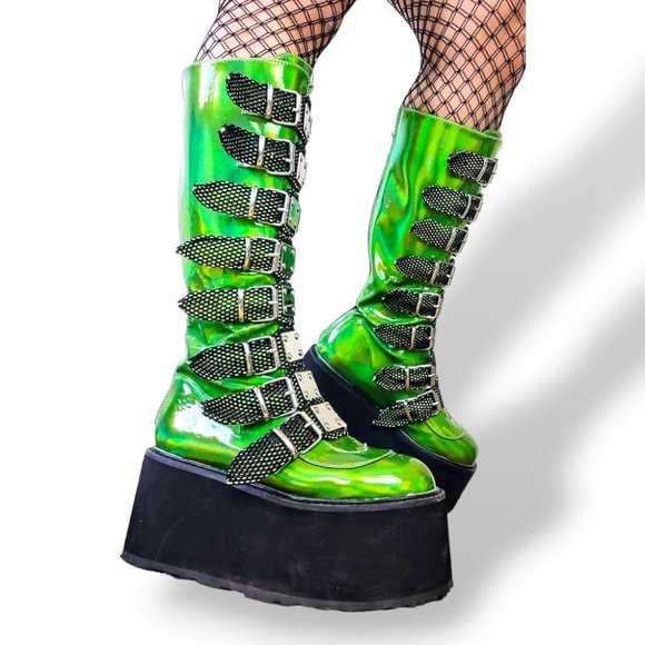 Sold-Demonia acid green glow in the dark mega platform knee-high boots size 7 US - Picture 3 of 10